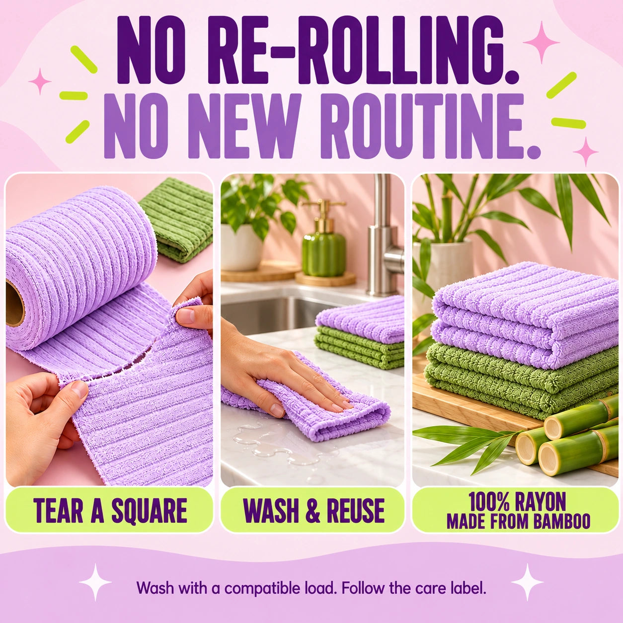 Tear a square, wash and reuse; 100% rayon made from bamboo