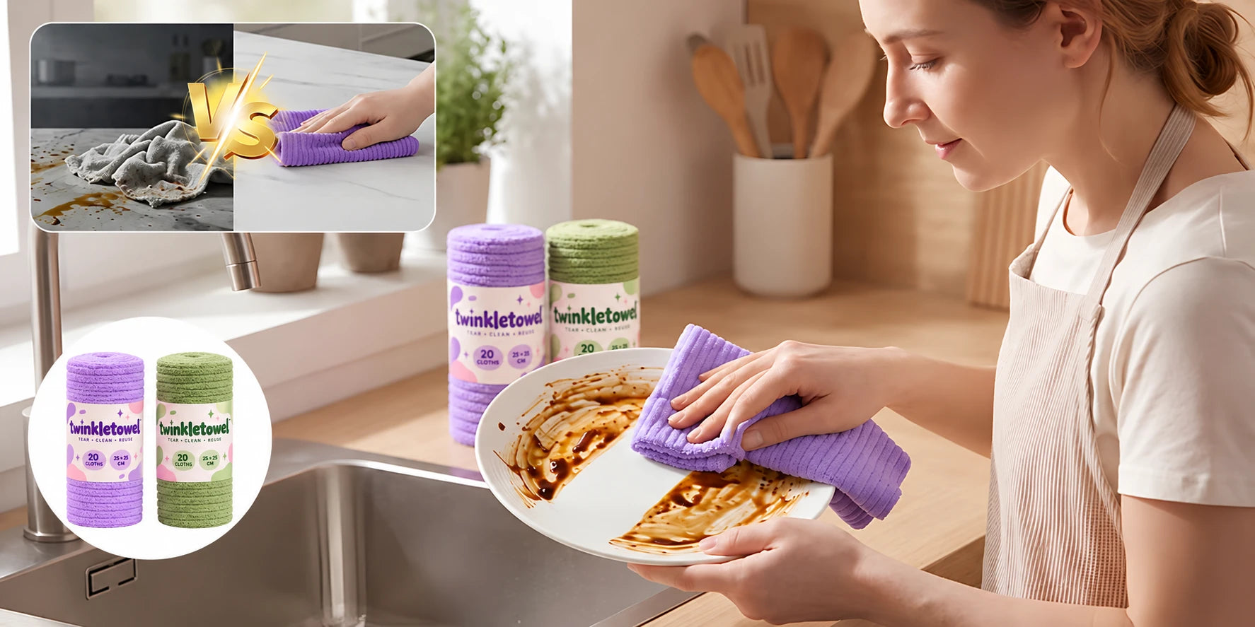 TwinkleTowel lavender and green reusable cleaning cloths. Product-use illustration.