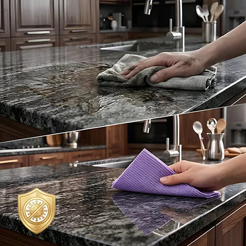 TwinkleTowel lavender and green reusable cleaning cloths. Product-use illustration.