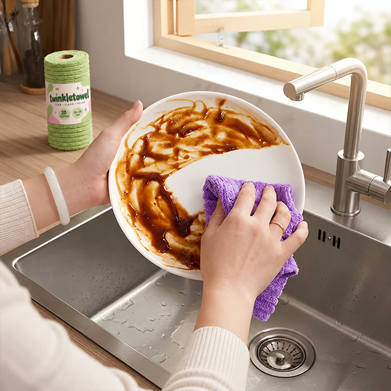 TwinkleTowel lavender and green reusable cleaning cloths. Product-use illustration.