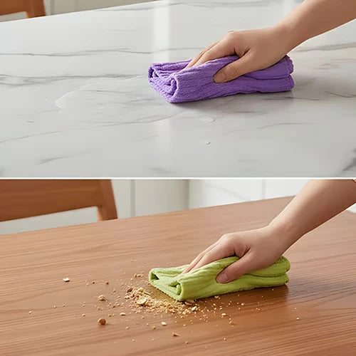 TwinkleTowel lavender and green reusable cleaning cloths. Product-use illustration.